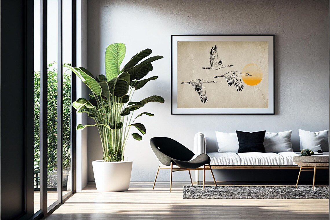 Flying Cranes Sunset Japanese Ink Art Bird Flock Minimalist Poster - Image 4