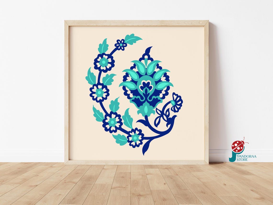 Blue Floral Folk Art Square Motif Navy Turquoise Tile Style Print