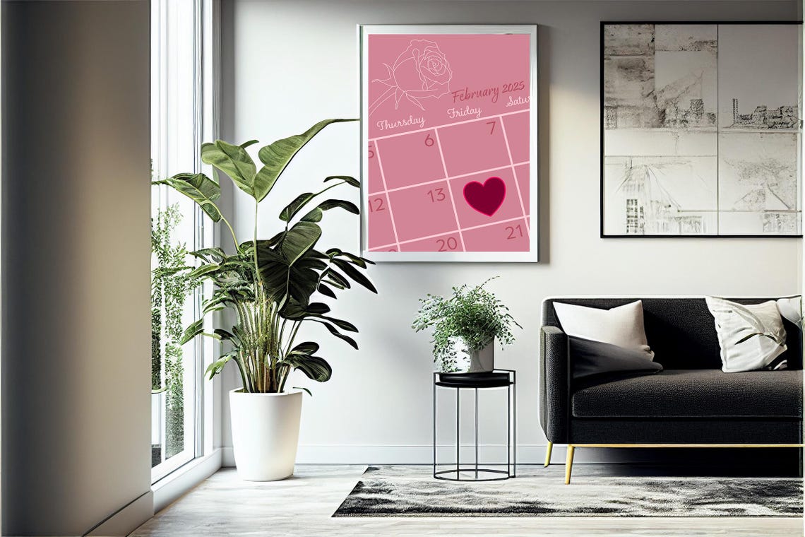 Pink February 2025 Calendar Rose Sketch Heart Marked on 14th Poster - Image 4