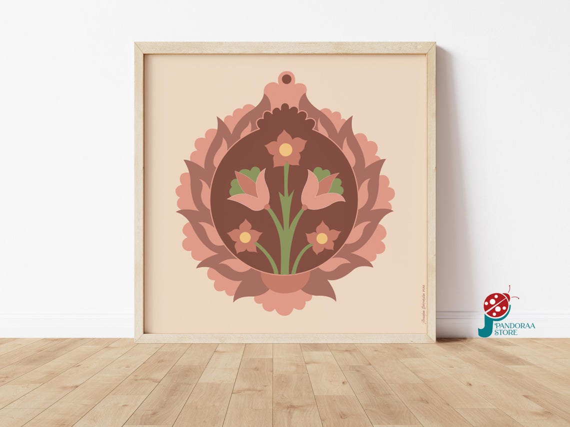 Pastel Pink Floral Medallion Folk Art Vintage Botanical Circle Poster