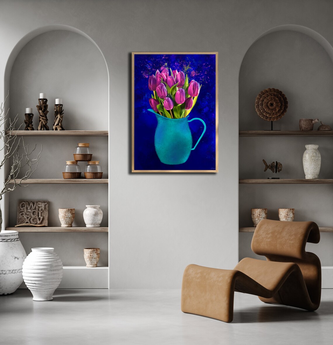 Magenta Tulips in Turquoise Pitcher on Navy Background Poster - Image 2