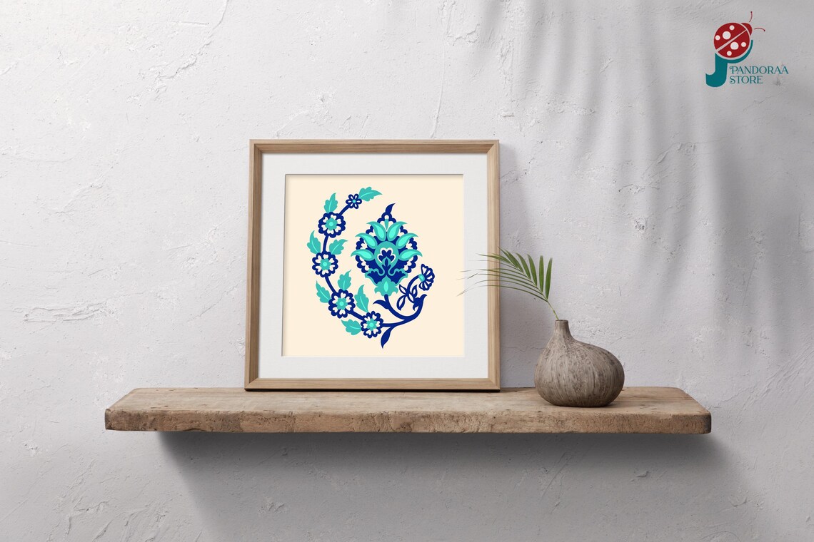 Blue Floral Folk Art Square Motif Navy Turquoise Tile Style Print - Image 5