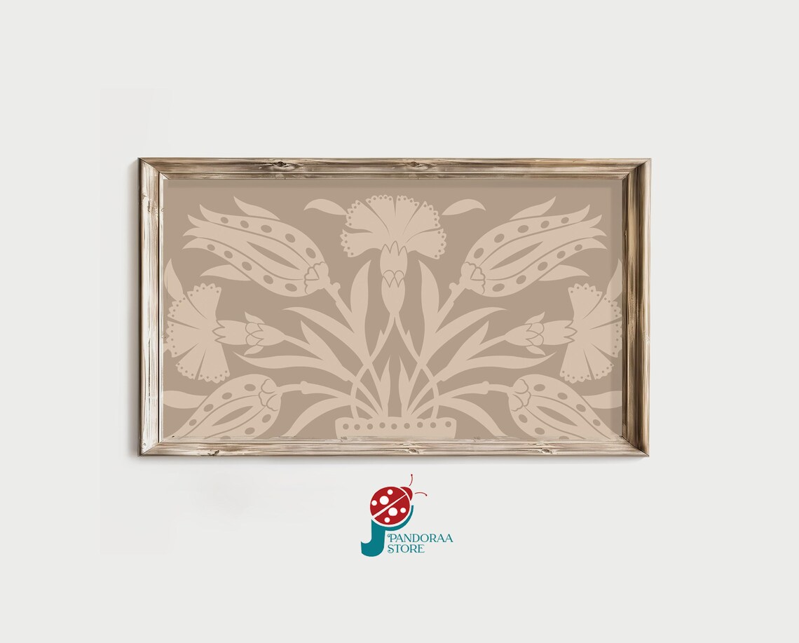 Taupe Tone Folk Tulip Bouquet Urn Subtle Pastel Wall Art Print