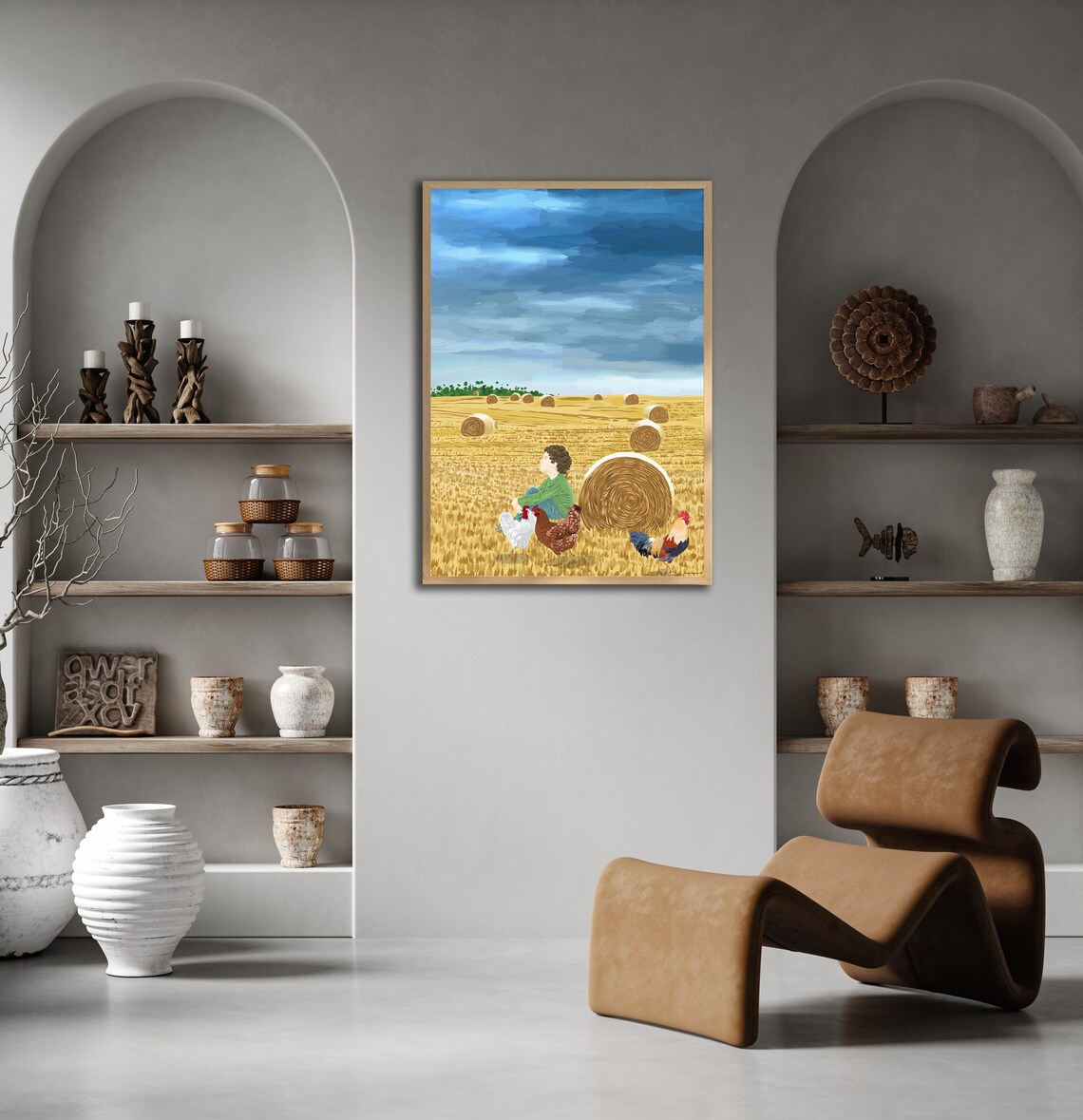 Boy in Golden Wheat Field Rooster Hens Hay Bales Harvest Print - Image 3