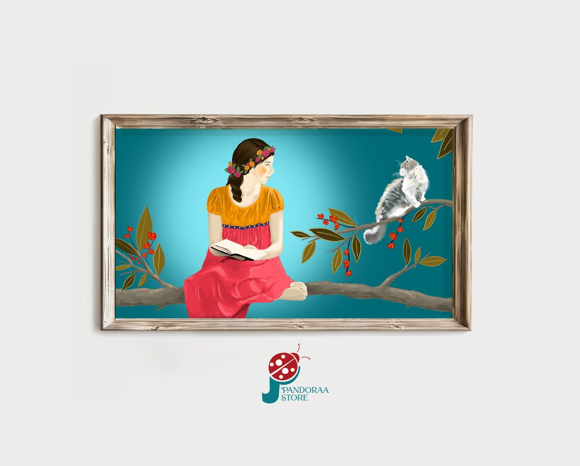 Woman Reading Book With Cat in Tree Teal Background Whimsical Print