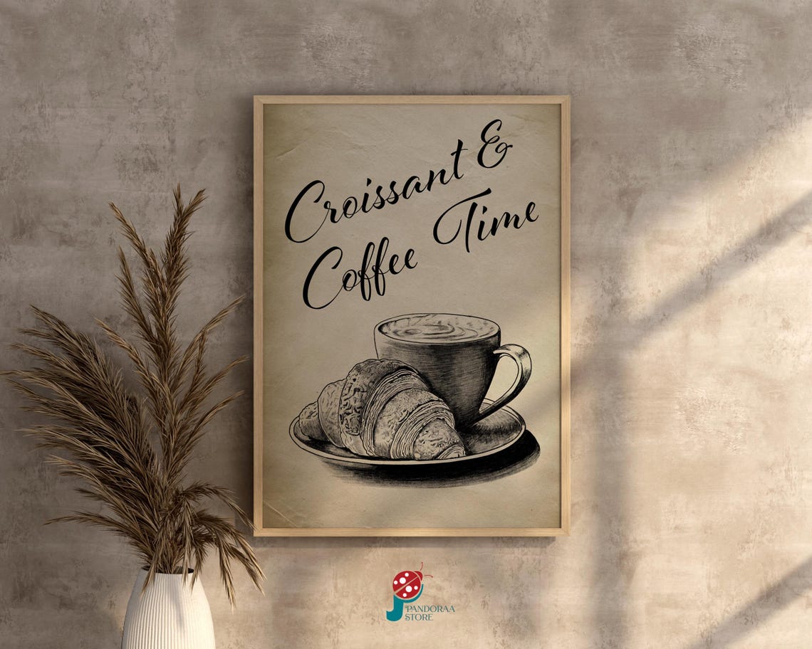 Croissant and Coffee Time Vintage Cafe Kitchen Wall Art Poster