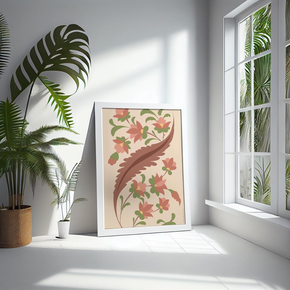 Pastel Floral Folk Art Soft Coral Peach Blossoms Beige Wall Print - Image 5