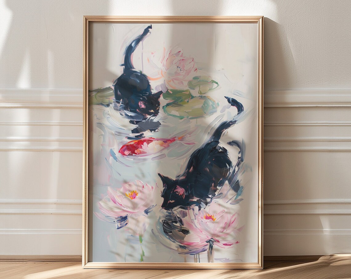 Monet-Inspired Black Cat and Water Lily Art Print