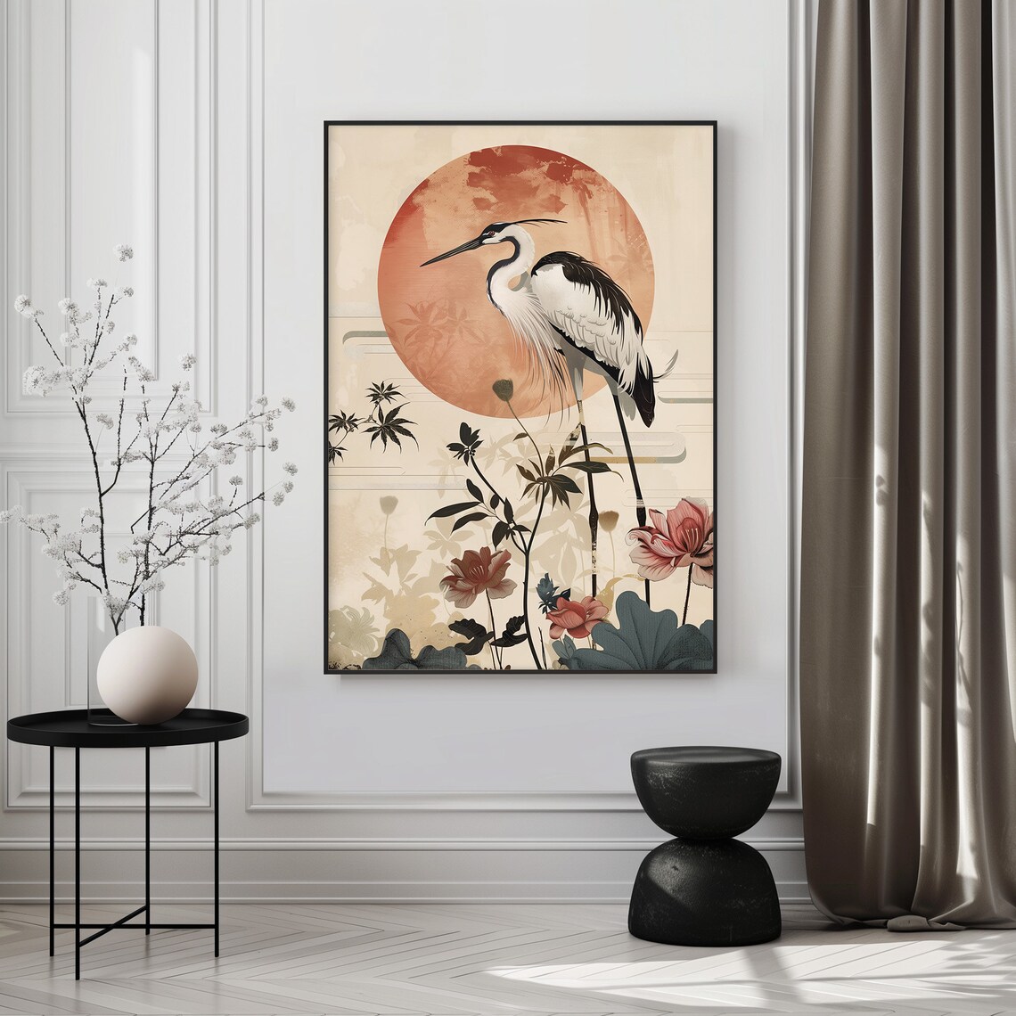 White Heron Lotus Flowers Large Red Sun Japanese Style Poster - Image 2