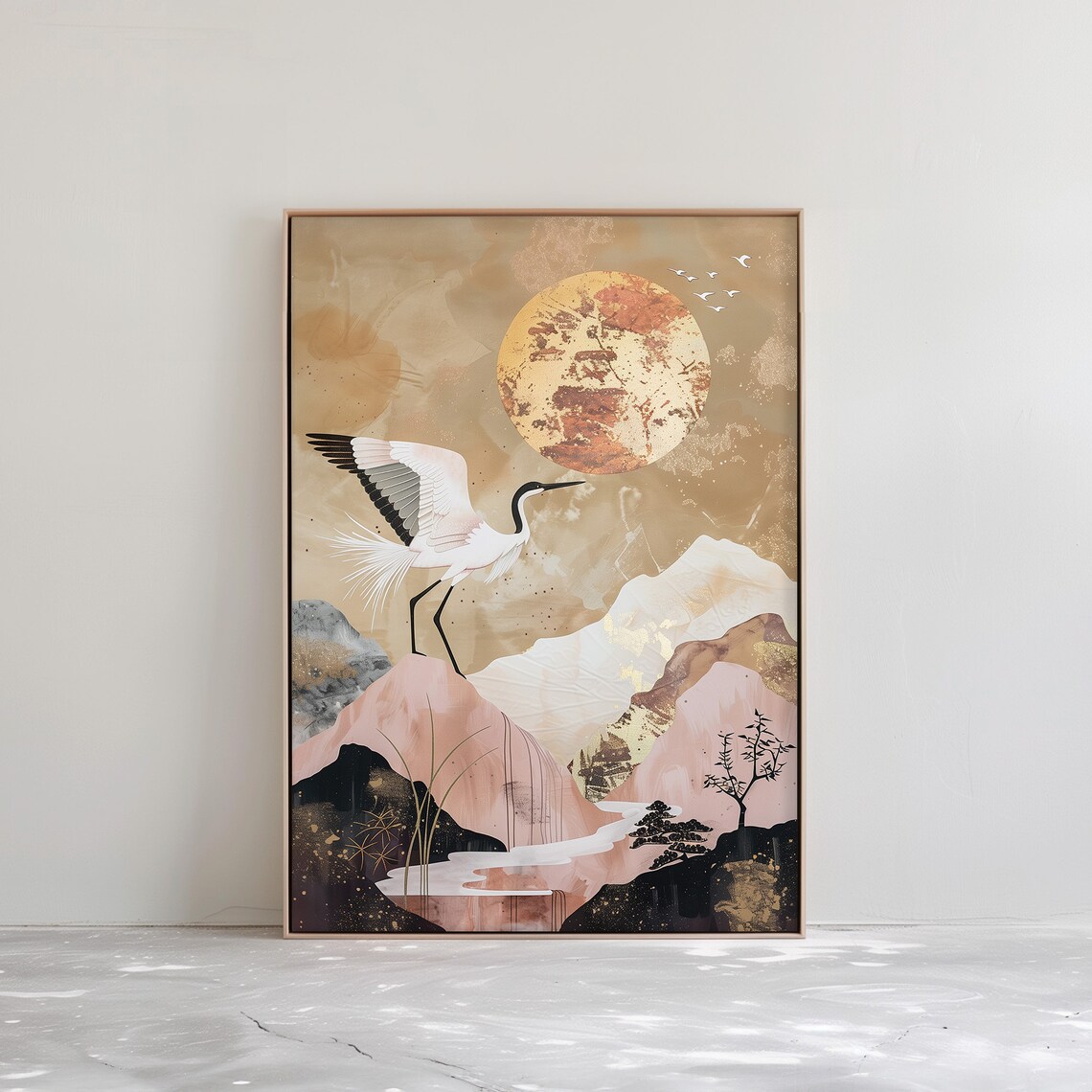 Golden Sun Crane Flying Over Pink Mountains Japanese Art Poster