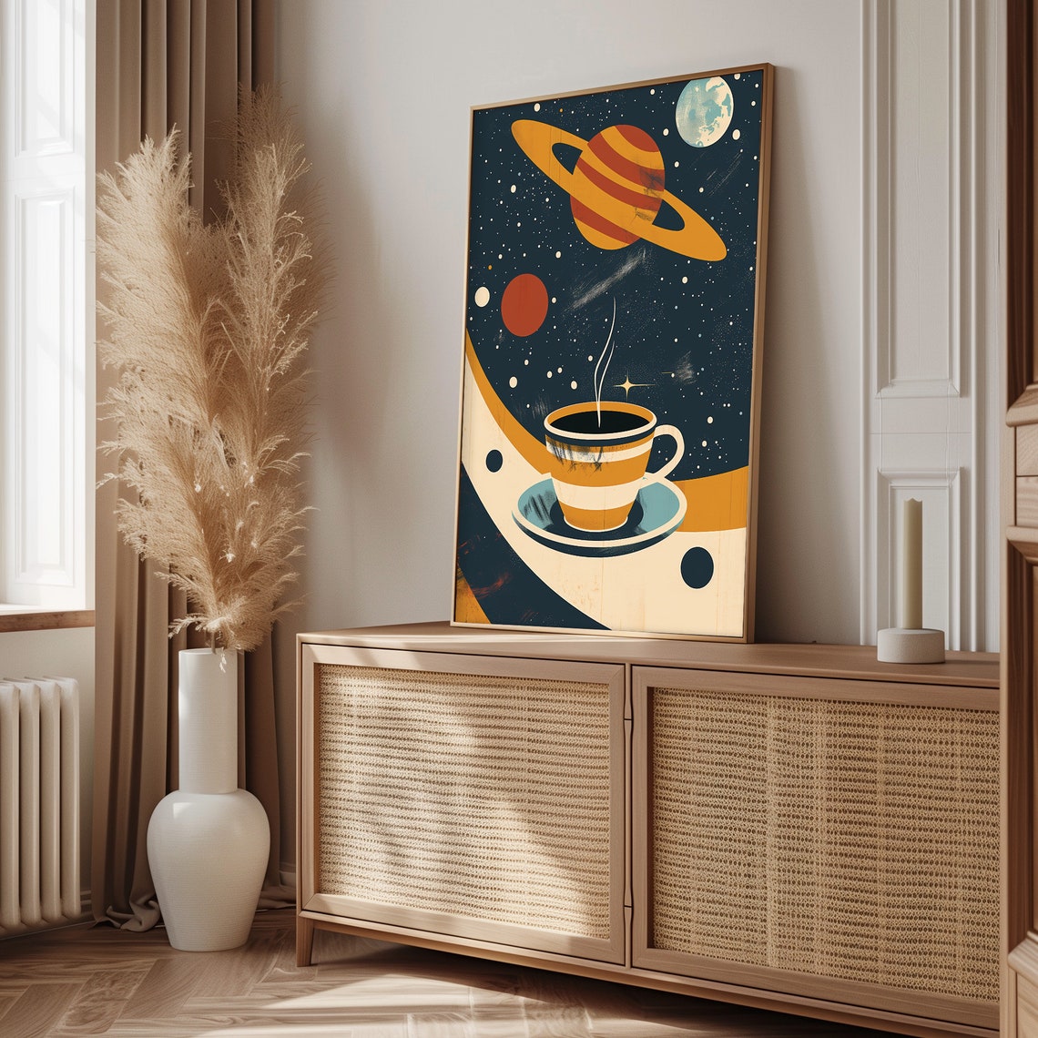 Cosmic Coffee Cup Beneath a Giant Ringed Planet Starry Sky Poster - Image 4