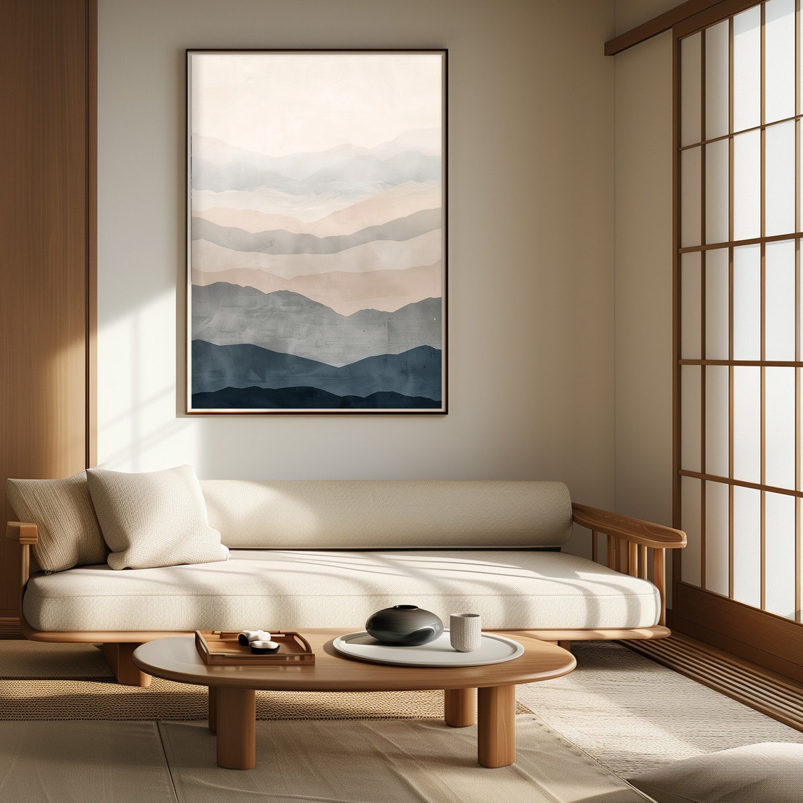 Neutral Layered Mountain Ombre Grey Beige Modern Abstract Poster - Image 3