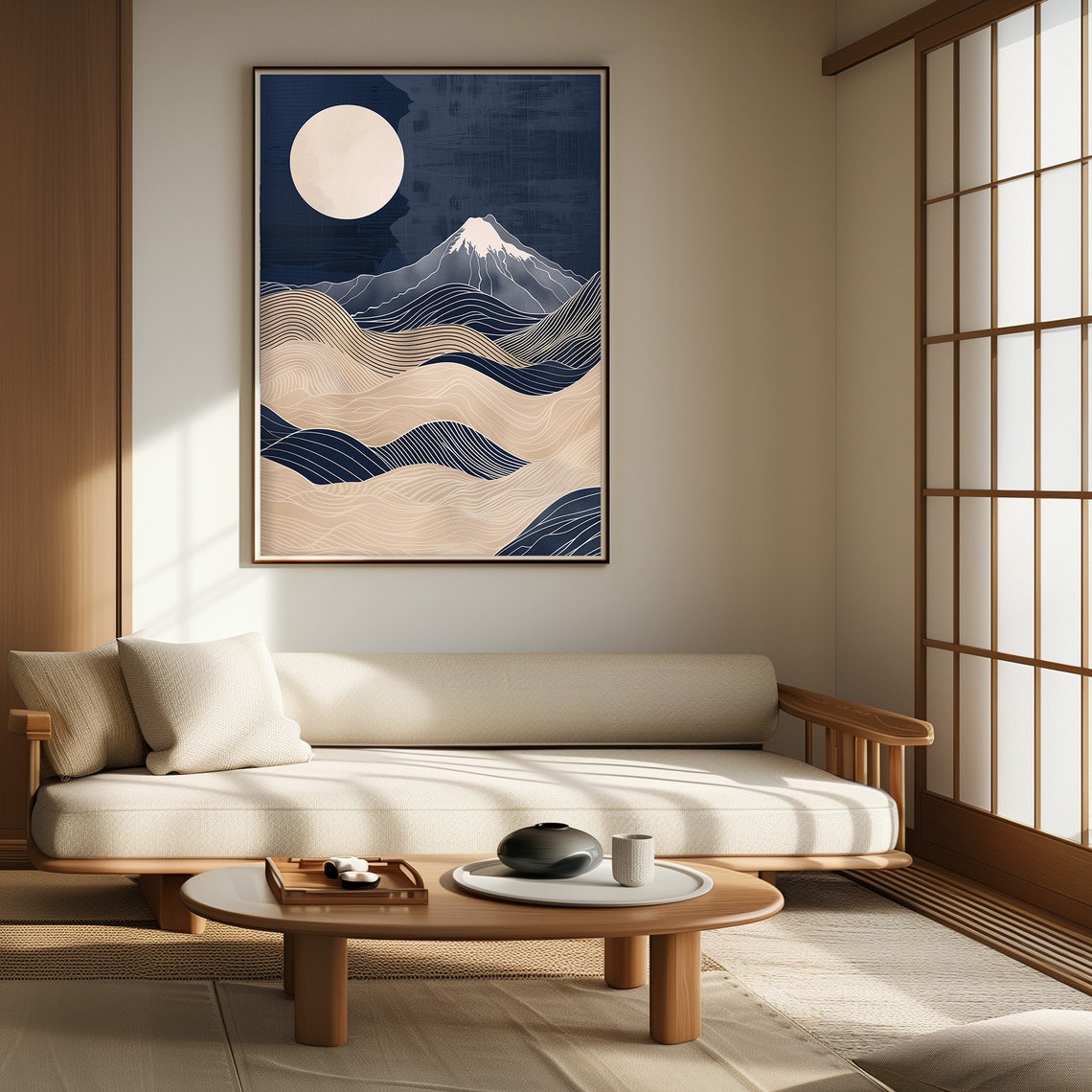 Midnight Blue Fuji Mountain Moon Japanese Minimal Ocean Poster - Image 2