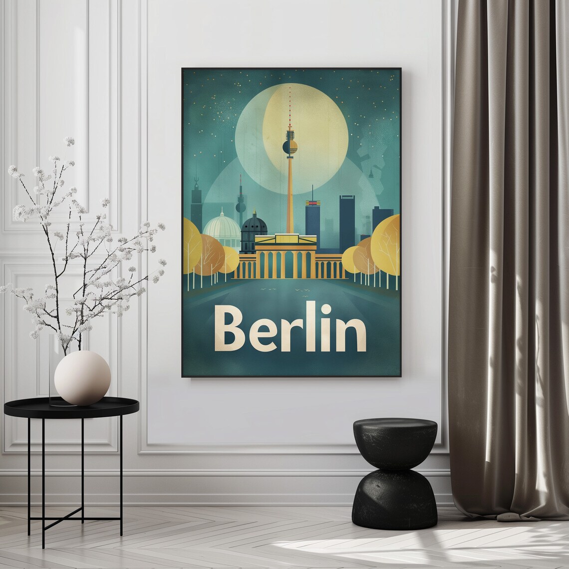 Vintage Berlin Travel Brandenburg Gate TV Tower Night Poster - Image 4