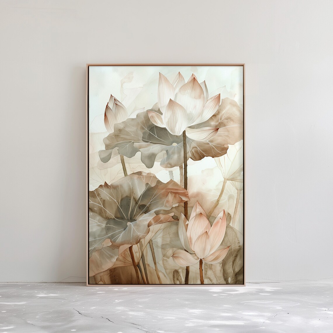 White Lotus Watercolor Flowers Soft Beige Botanical Art Poster