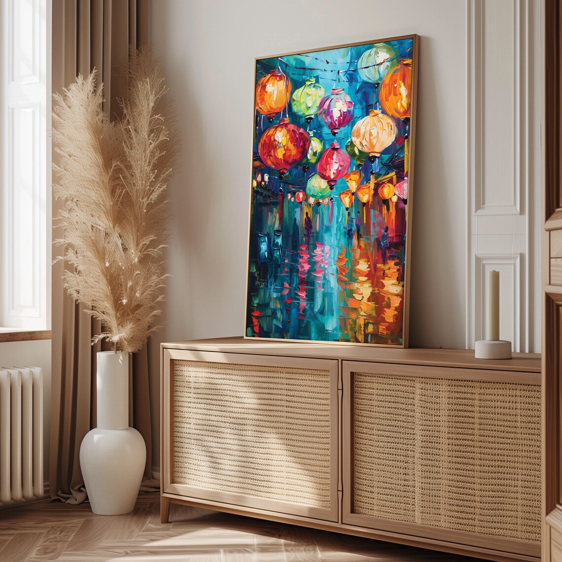 Colorful Asian Paper Lantern Festival Night Oil Painting Glow Poster - Image 3
