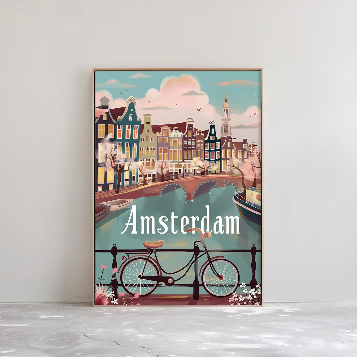 Amsterdam Netherlands Canal Bicycle Bridge Vintage Travel Poster