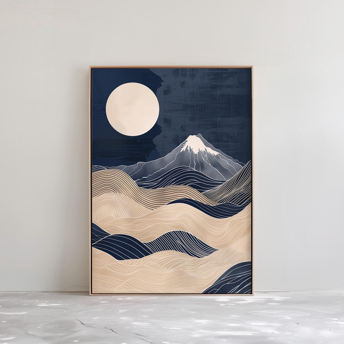 Midnight Blue Fuji Mountain Moon Japanese Minimal Ocean Poster