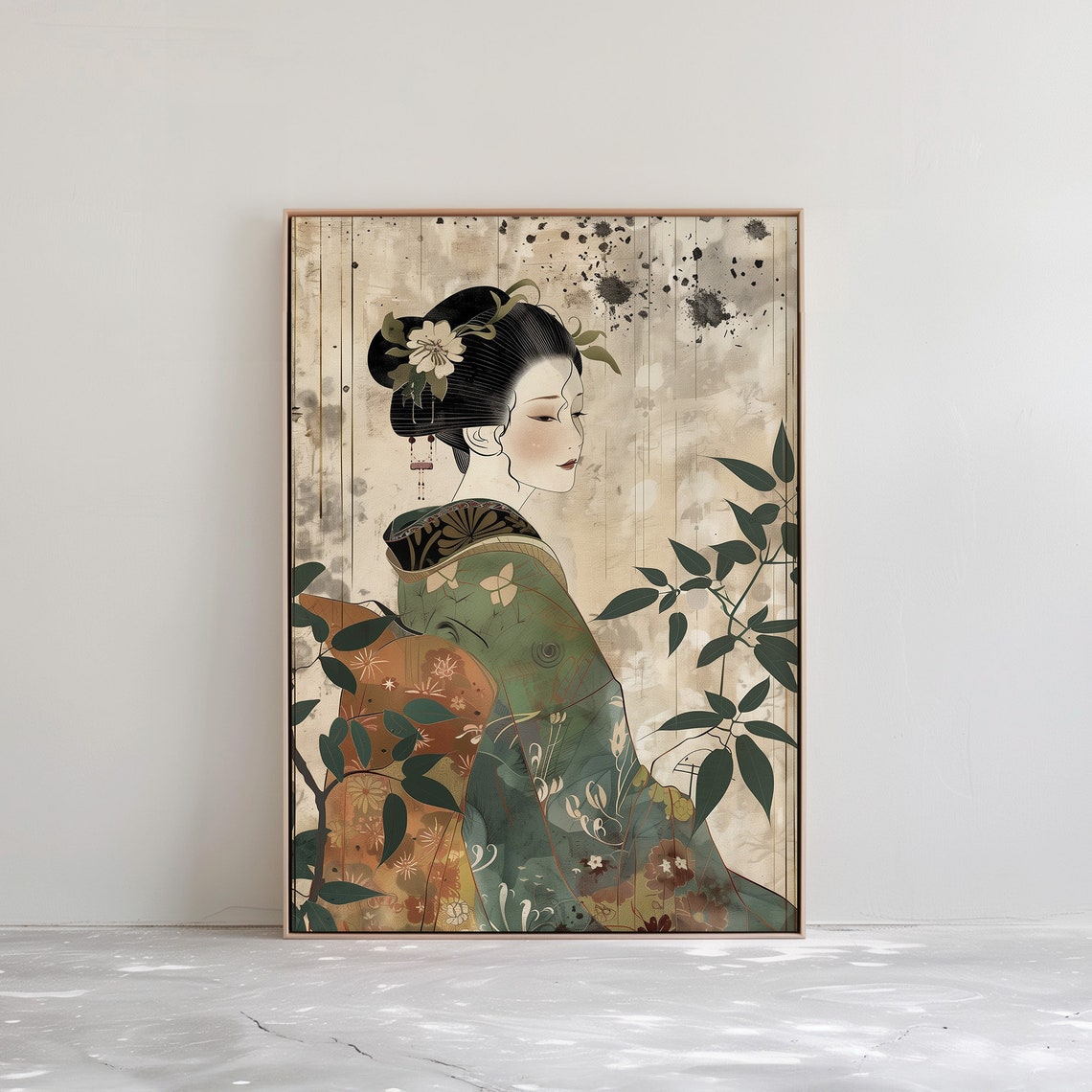 Japanese Geisha in Green Kimono Ink Wash Painting Back View Poster