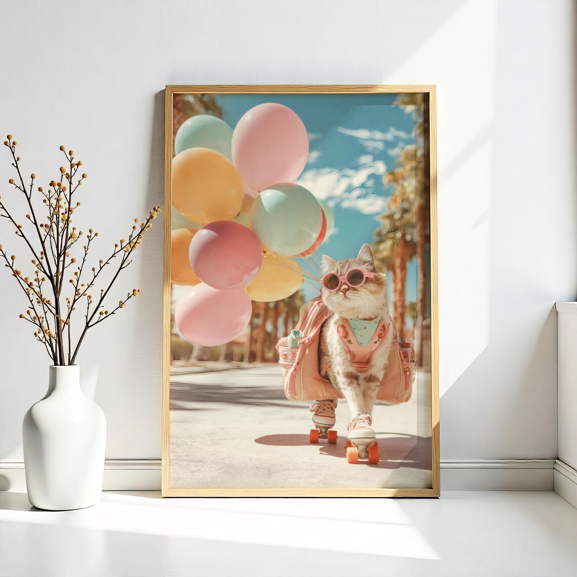 Roller Skating Cat Poster Retro Palm Springs Wall Art Cool With Balloons Print 80s Decor Funny Vintage Pet