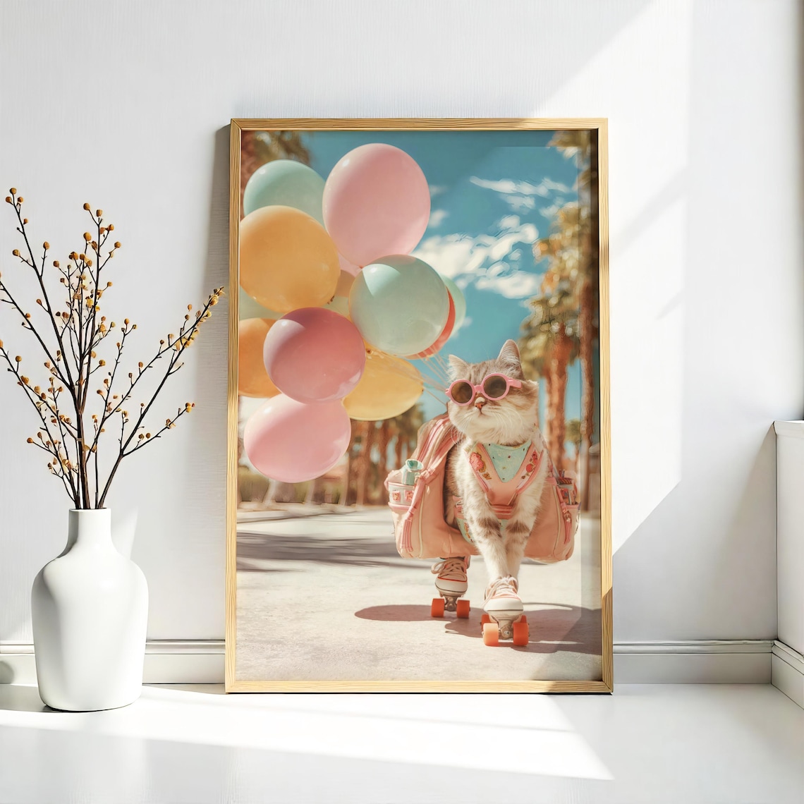 Roller Skating Cat With Balloons And Pink Skates Retro Cute Cat Wall Art