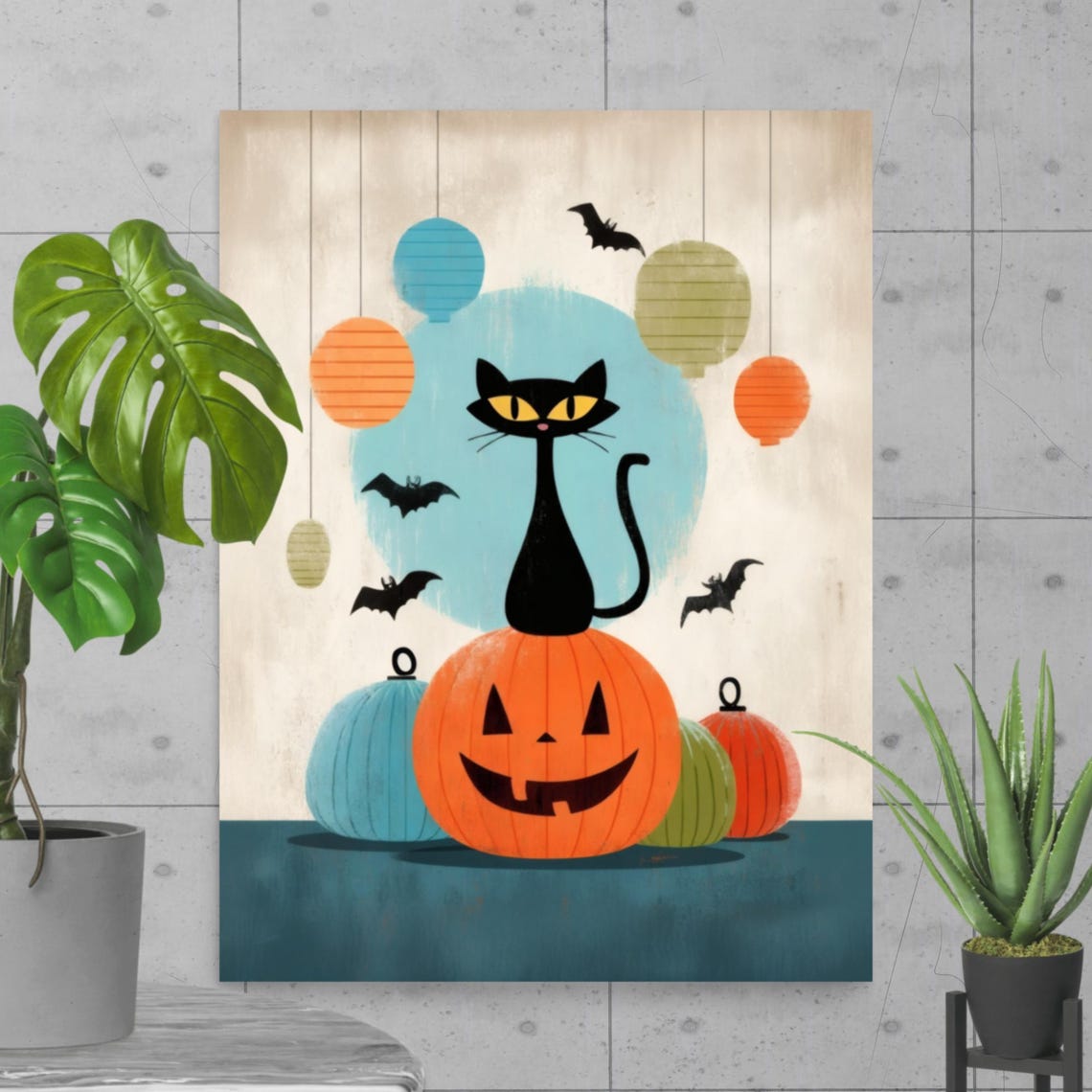 Halloween Black Cat on Pumpkin Retro Lantern Bats Spooky Poster