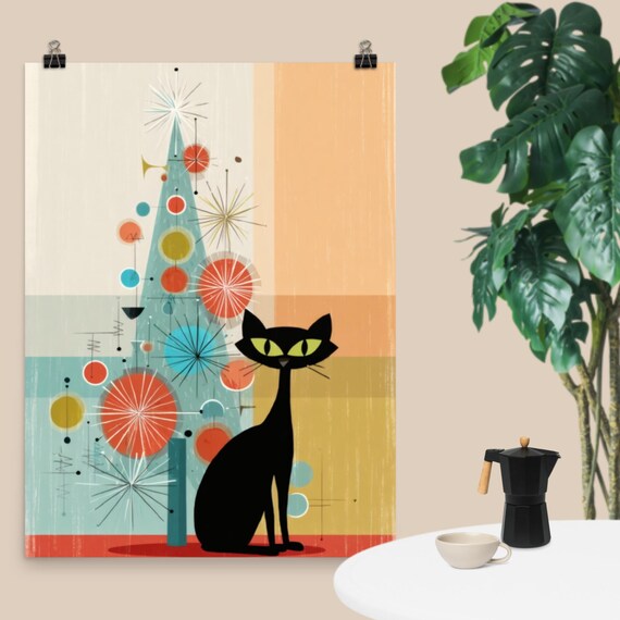 Atomic Black Cat Retro Christmas Tree Starburst Midcentury Holiday Poster