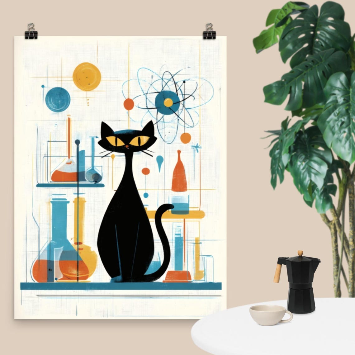 Atomic Black Cat Chemistry Lab Retro Midcentury Atom Science Poster