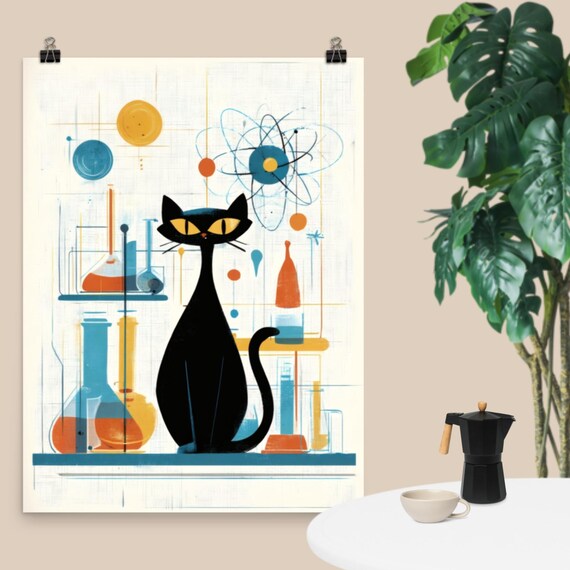 Atomic Black Cat Chemistry Lab Retro Midcentury Atom Science Poster