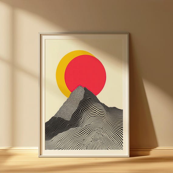 Black And White Mountain Landscape Print Minimal Geometric Wall Art Modern Abstract Sun Nature Decor Woven Peak