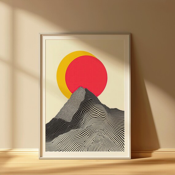 Geometric Mountain Sun Poster | Black White Line Art Minimalist Art