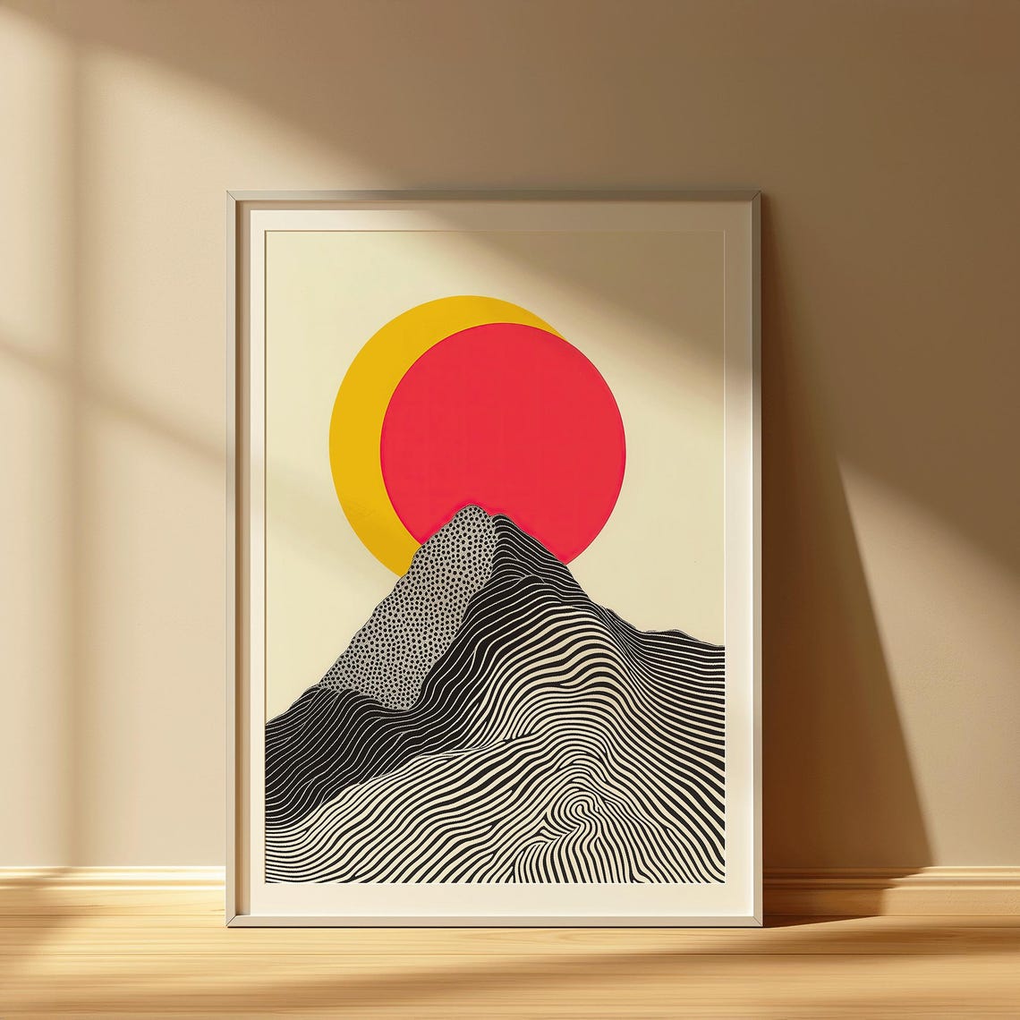 Geometric Mountain Sun Poster | Black White Line Art Minimalist Art