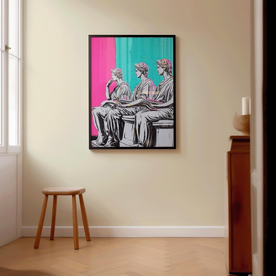 Pop Art Greek Statue Wall Print Pink And Teal Classical Sculpture Poster Bold Academic Decor With Modern Graffiti Ethereal Debate