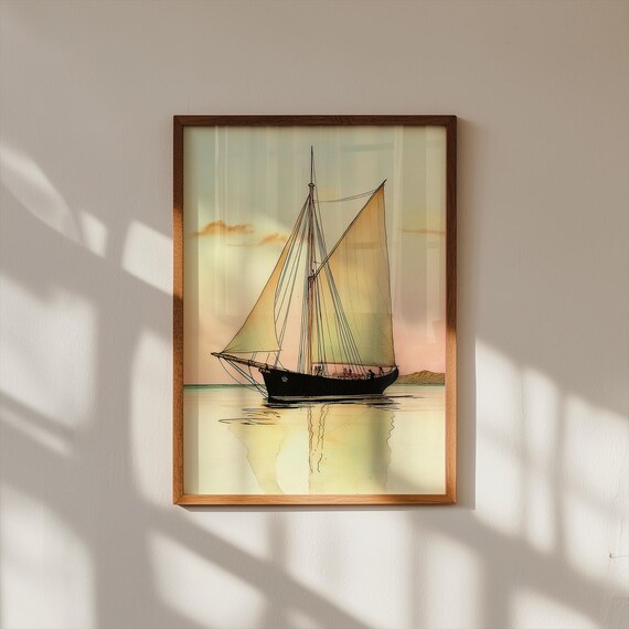 Vintage Sailboat Sunset Calm Ocean Watercolor Painting Poster
