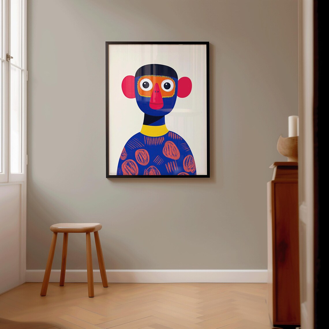 Whimsical Monkey In Sweater Art Print Colorful Jungle Character Poster Modern Portrait Mrziggy