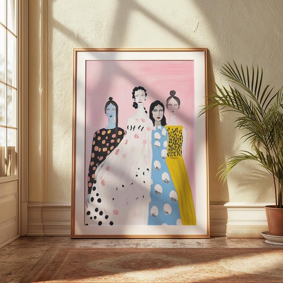 Bold Fashion Portrait Of Four Women Whimsical Figurative Pop Art Colorful Feminist Print For Modern Homes Retro Queens