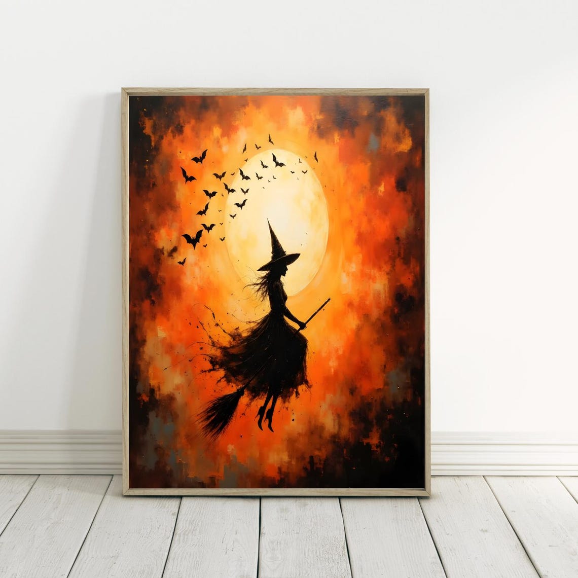 Witch Silhouette Wall Art Full Moon Bats Flying On Broomstick Spooky Halloween Decor Vintage Gothic Boho Gift