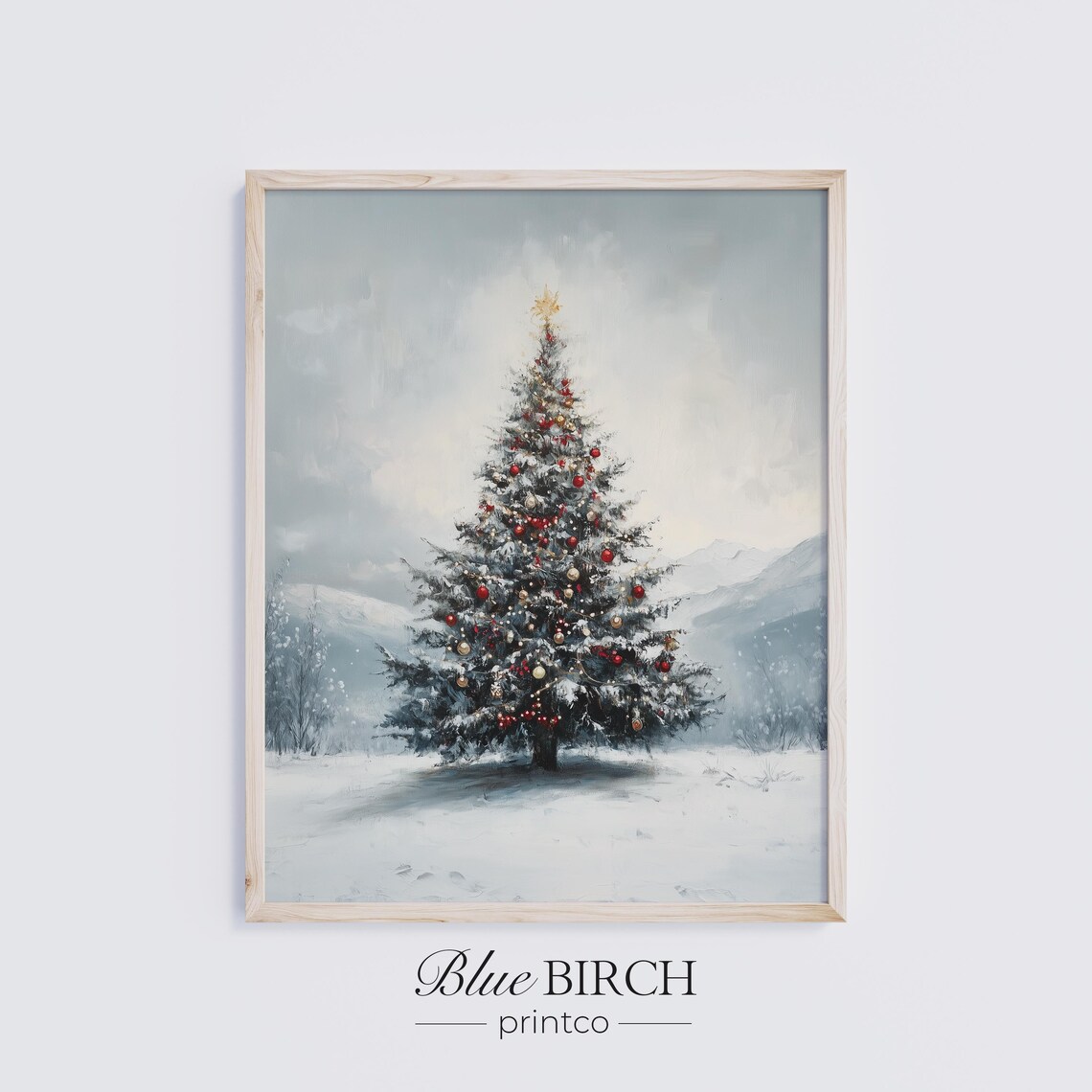Snowy Christmas Tree Red Ornaments Gold Star Winter Landscape Poster