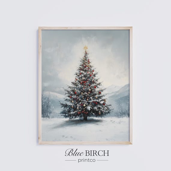 Vintage Christmas Tree Wall Art Snowy Pine Holiday Print Rustic Winter Decor Moody Festive Landscape Painting 138
