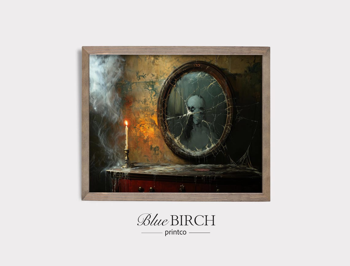 Ghostly Face in Cracked Mirror Candlelit Dusty Room Spooky Print