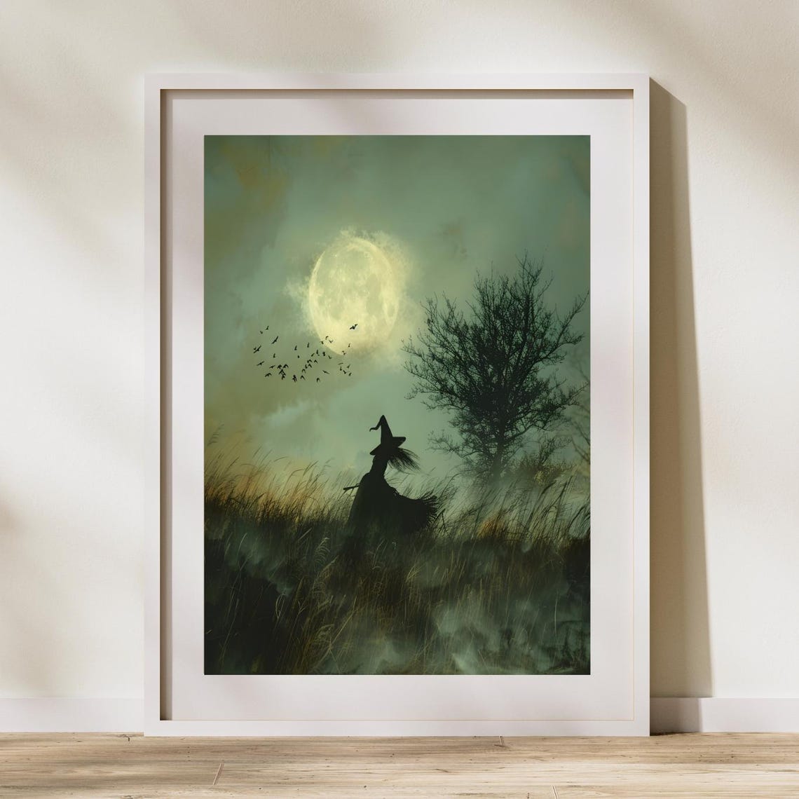 Misty Field Witch Wall Art Print Full Moon Night Poster Silhouette With Broom Moody Gothic Halloween Decor Neutral Green Canvas