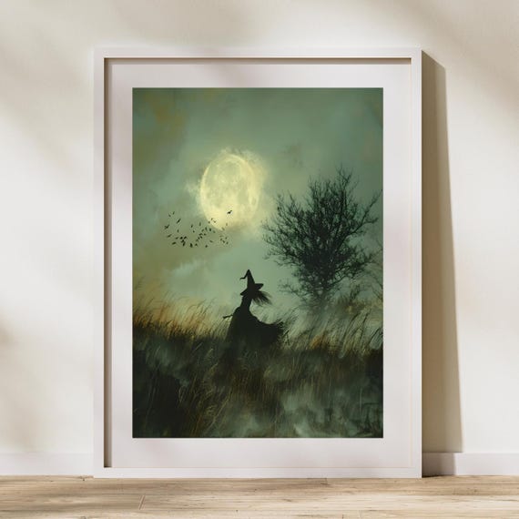 Misty Field Witch Wall Art Print Full Moon Night Poster Silhouette With Broom Moody Gothic Halloween Decor Neutral Green Canvas