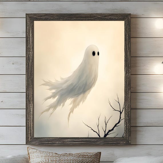 Wispy Wall Art Minimalist Halloween Poster Neutral Vintage Decor Floating Print Boho Watercolor Spooky