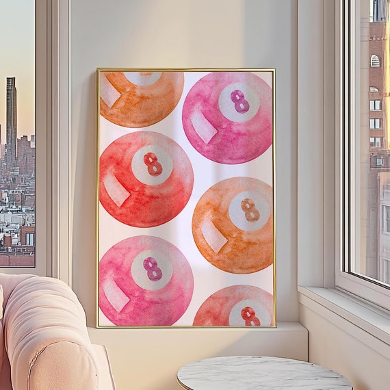 8 Ball Print Y2k Girly Print Retro Decor Pink Orange Red Wall Art Trendy Pastel Art Cute 8 Ball Poster Prints Bar Cart Prints