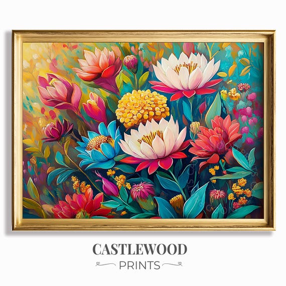 Vibrant Floral Gouache Painting Colorful Botanical Wall Art Flower Garden Scene Rustic Cottage Decor Bright Print 591
