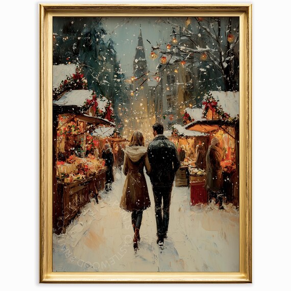 Winter Market Stroll Couple Snowy European Christmas Painting Poster