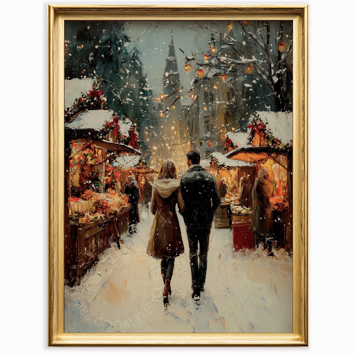 Winter Market Stroll Couple Snowy European Christmas Painting Poster
