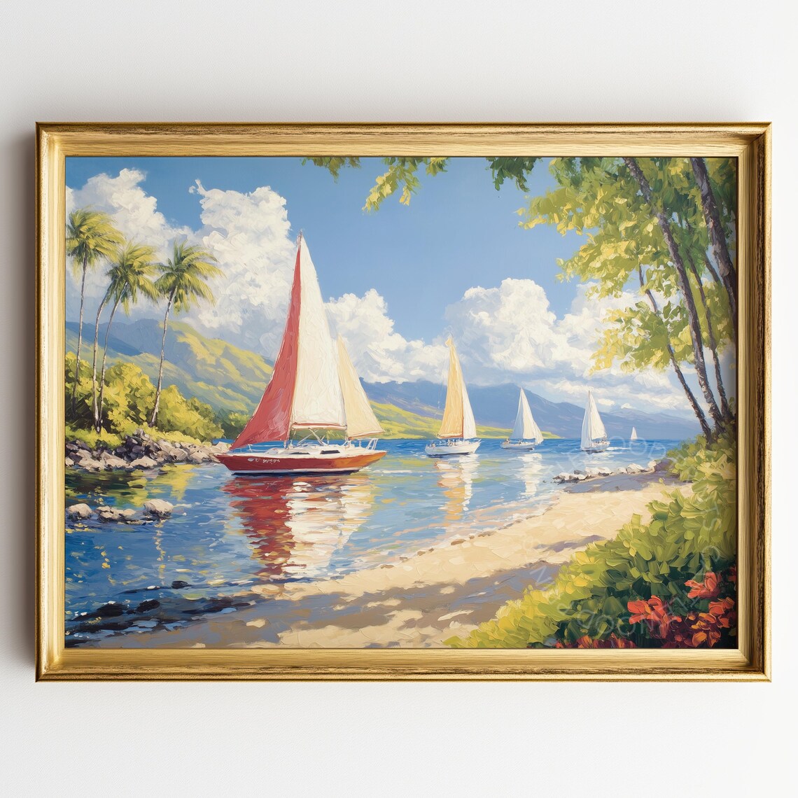 Sailboats On Calm Summer Lake Near Sandy Beach And Palms Painting Poster