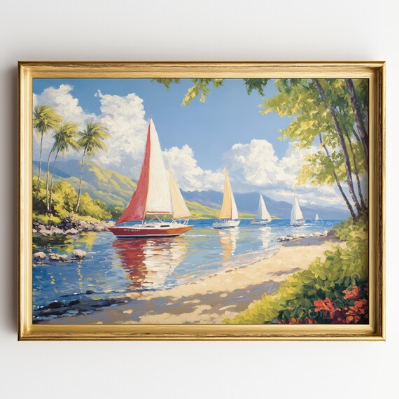 Sailboats On Calm Summer Lake Near Sandy Beach And Palms Painting Poster
