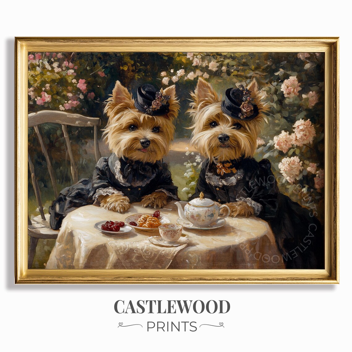 Yorkshire Terriers Tea Party Victorian Garden Dogs Fine Art Poster